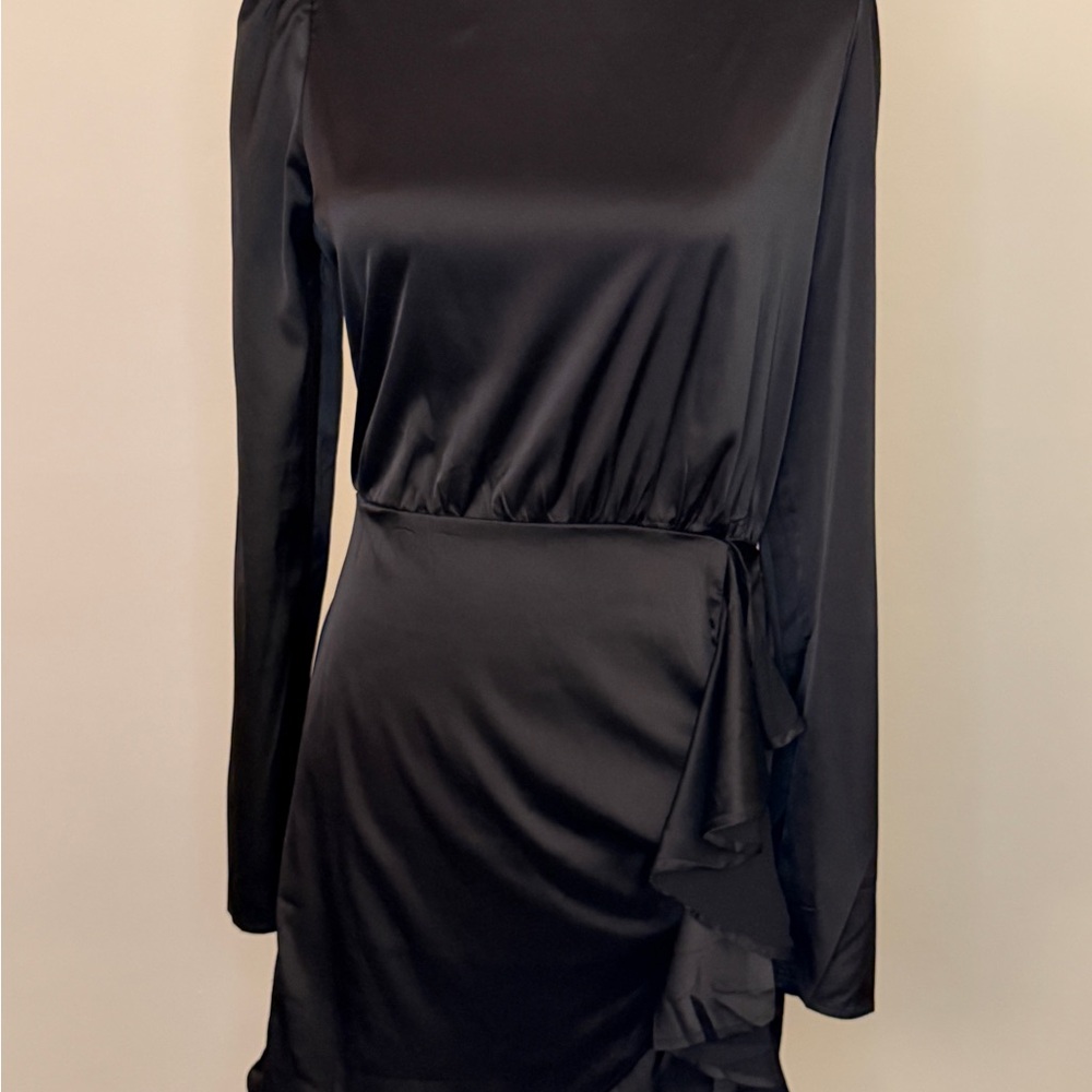 Long Sleeves Black Satin Dress